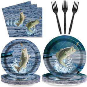 ZOIIWA 200 PCS Gone Fishing Tableware Disposable Paper Plates Napkins Fishing Tournament Birthday Party Supplies Dinnerware Set Napkins Party Decoration Serve 50 guest