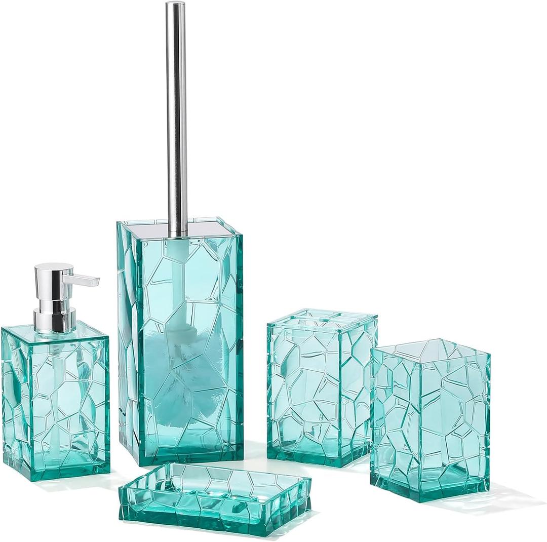 Clear Acrylic Bathroom Accessories Set - Rust-Free, Transparent Design - Includes Soap Dispenser, Toothbrush Holder, Cup, Soap Dish, and Toilet Brush 5-Piece (Teal Blue)