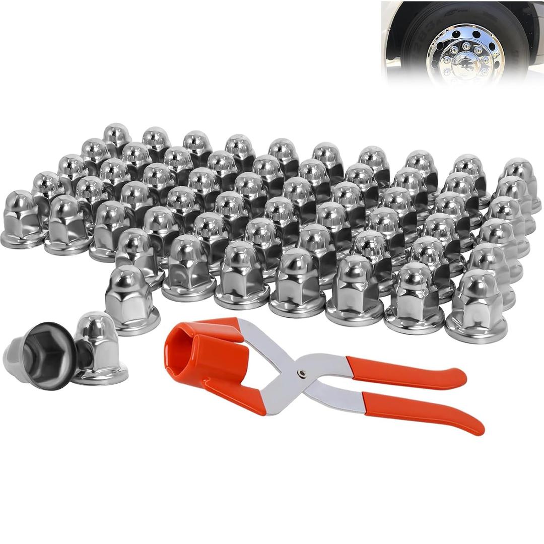 Podoy 60 Pcs 33mm Stainless Steel Lug Nut Covers for Semi Trucks RV Motorhome and Trailers, Push-On Bullet Flanged Wheel Nut Caps, Solid Metal, No Rust, Tight Fit with Removal Tool, 2.1 Height