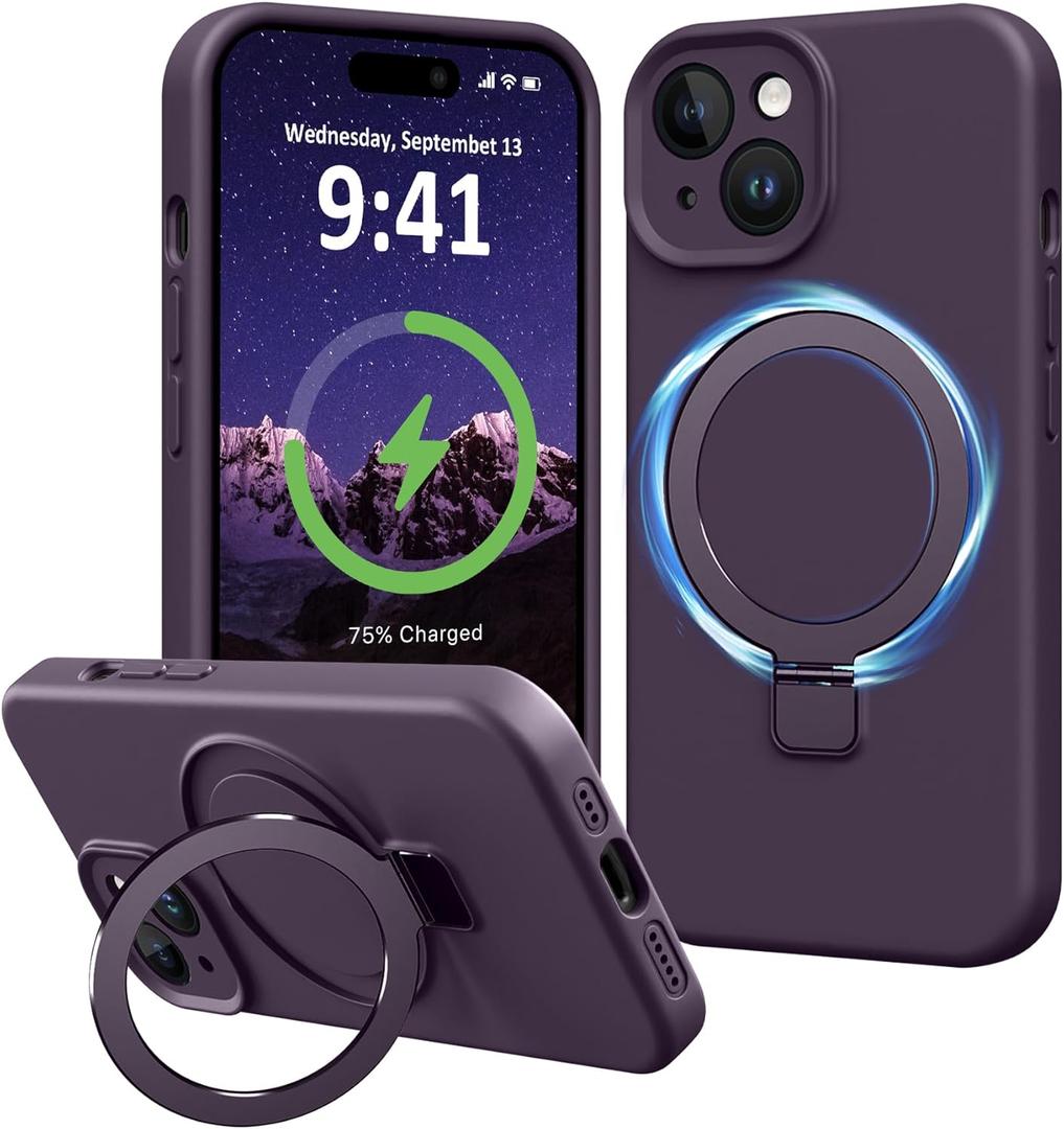 Compatible with iPhone 14 Plus Case with Stand, Full Camera Protection Slim Liquid Silicone Phone Cases for iPhone 14 Plus Compatible with MagSafe Magnetic Ring Kickstand Case 6.7", Purple