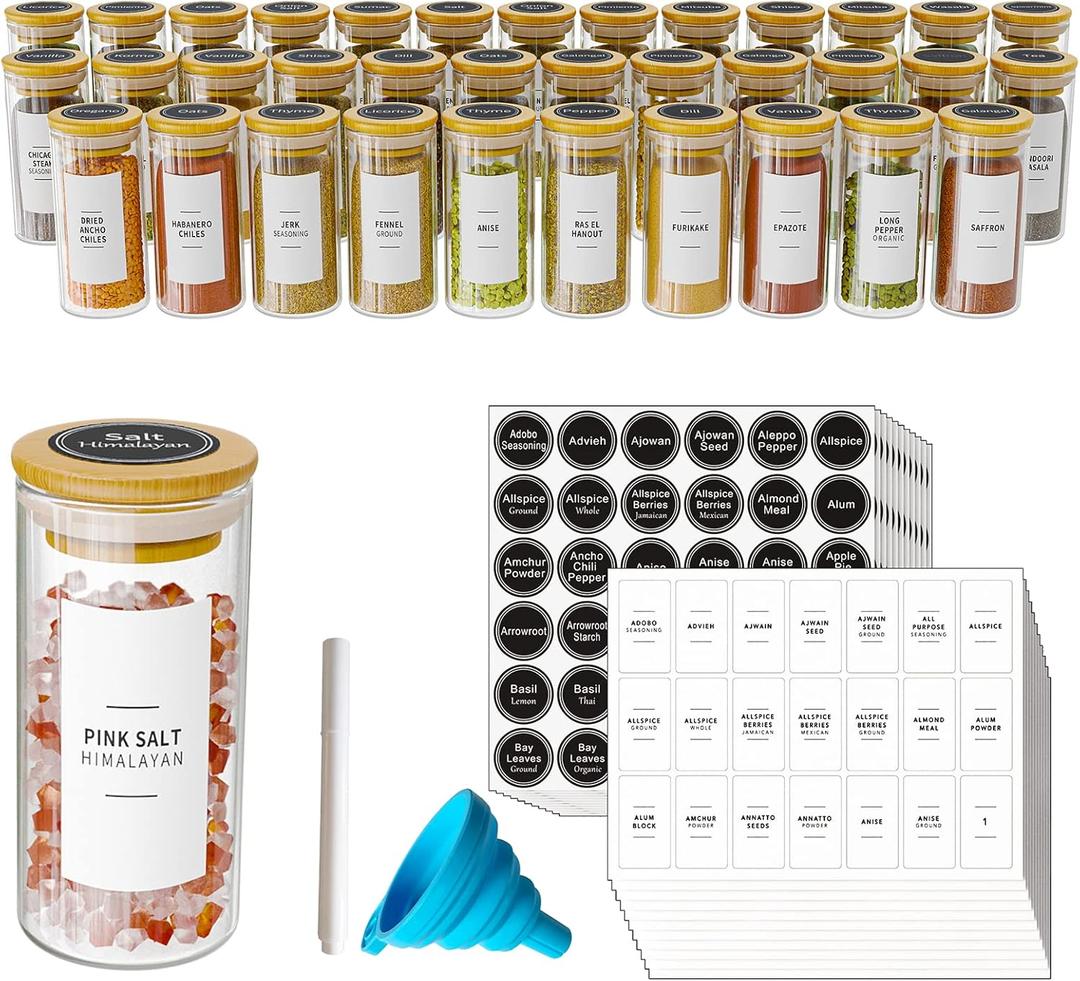 SpaceAid 36 Pcs Spice Jars with Bamboo Lids and Labels, Empty 4oz Glass Spice Bottles, Minimalist Farmhouse Spice Labels Stickers with Funnel, Seasoning Containers for Spice Rack, Cabinet and Drawer