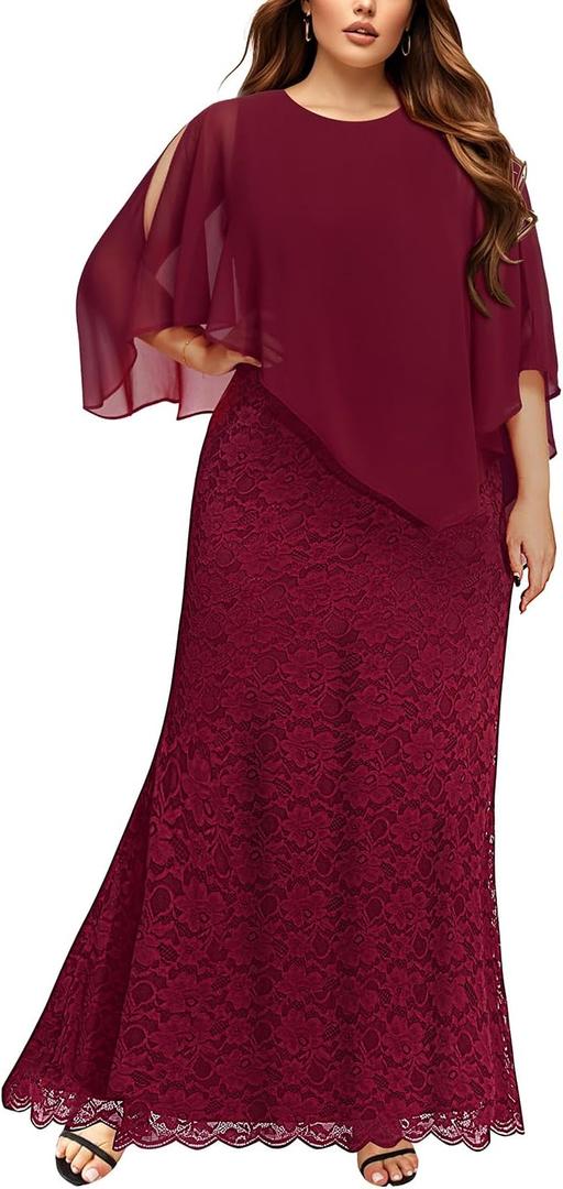 Women's Plus Size Cape Dress with Chiffon Overlay Gown Formal Evening Lace Long Mermaid Dresses 2025 Size 14W