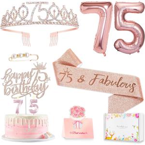 75th Birthday Gifts Decorations for Women, Including 75 year old Cake Topper, Birthday Queen Sash with Pearl Pin, Sweet Rhinestone Tiara Crown, Number Candles and Balloons Set, Rose Gold
