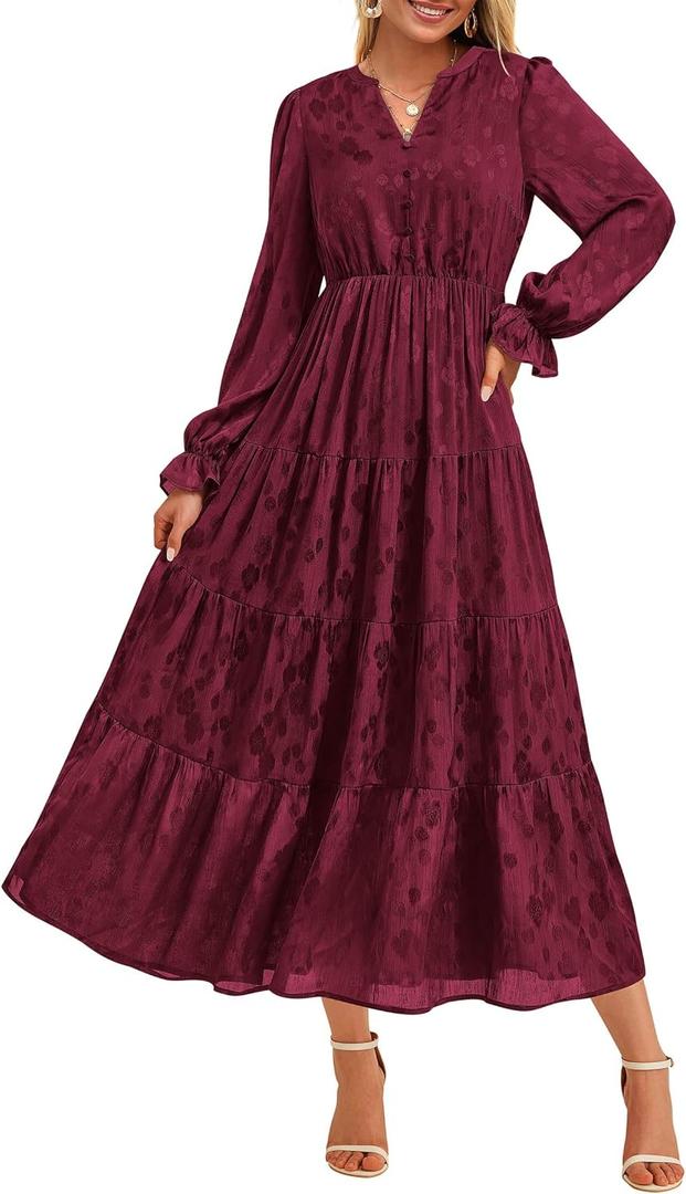 KIRUNDO Spring Wedding Guest Dresses for Women 2026 Maxi Floral Long Sleeve Elegant Ruffle Tiered Flowy Party Long Dress (Medium)
