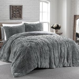 HOMBYS Oversized King Faux Fur Fluffy Comforter Set 120x120, 3 Piece Shaggy Plush Velvet Bedding Thick Comforter with Shams, Extra Soft and Warm,Light Grey