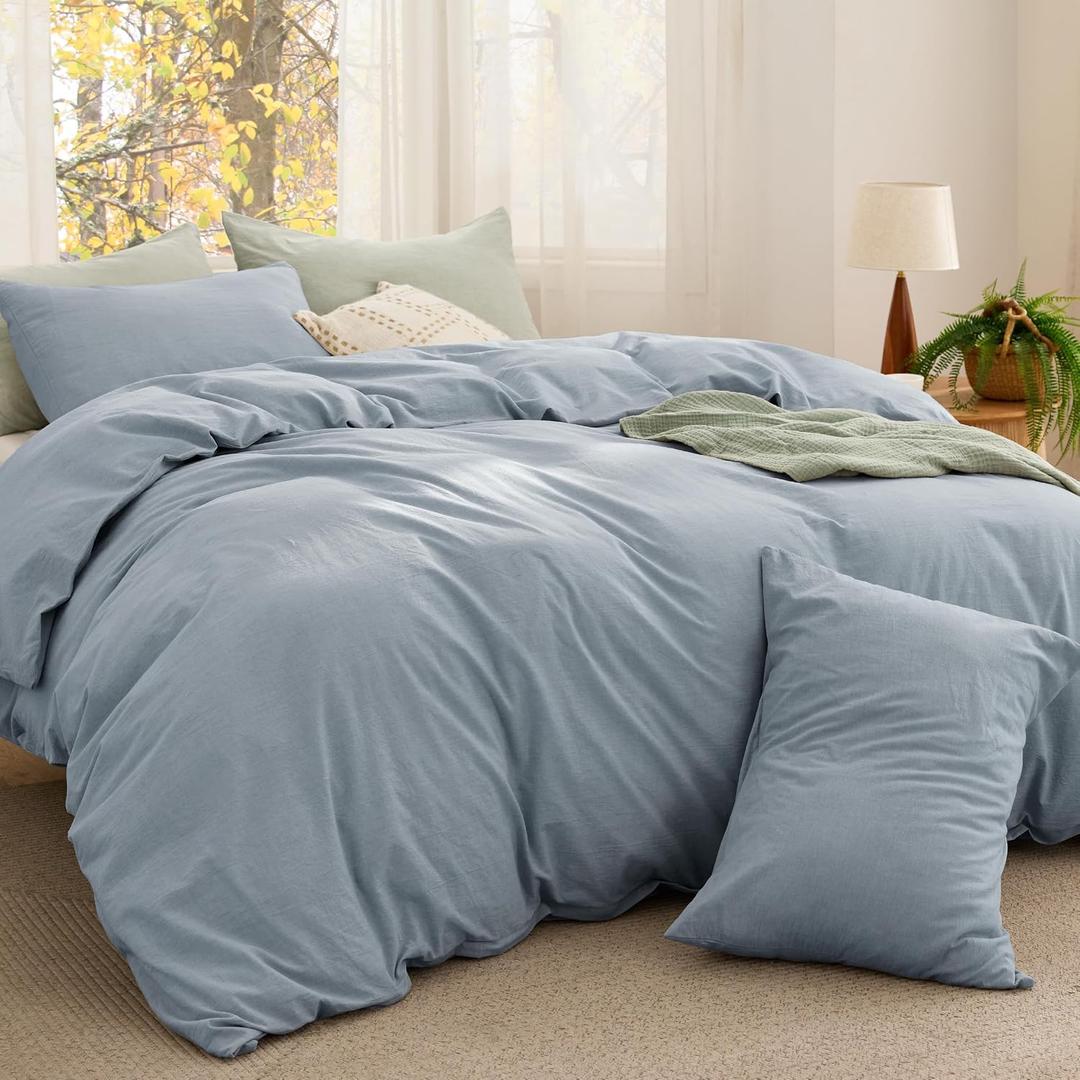 Bedsure Comforter Set Queen Size - Cotton Fabric with Microfiber Inner Fill, Mineral Blue PureWoven Soft Bed Set for All Seasons, 3 Pieces, 1 Comforter (90" x 90") and 2 Pillow Cases (20" x 26")
