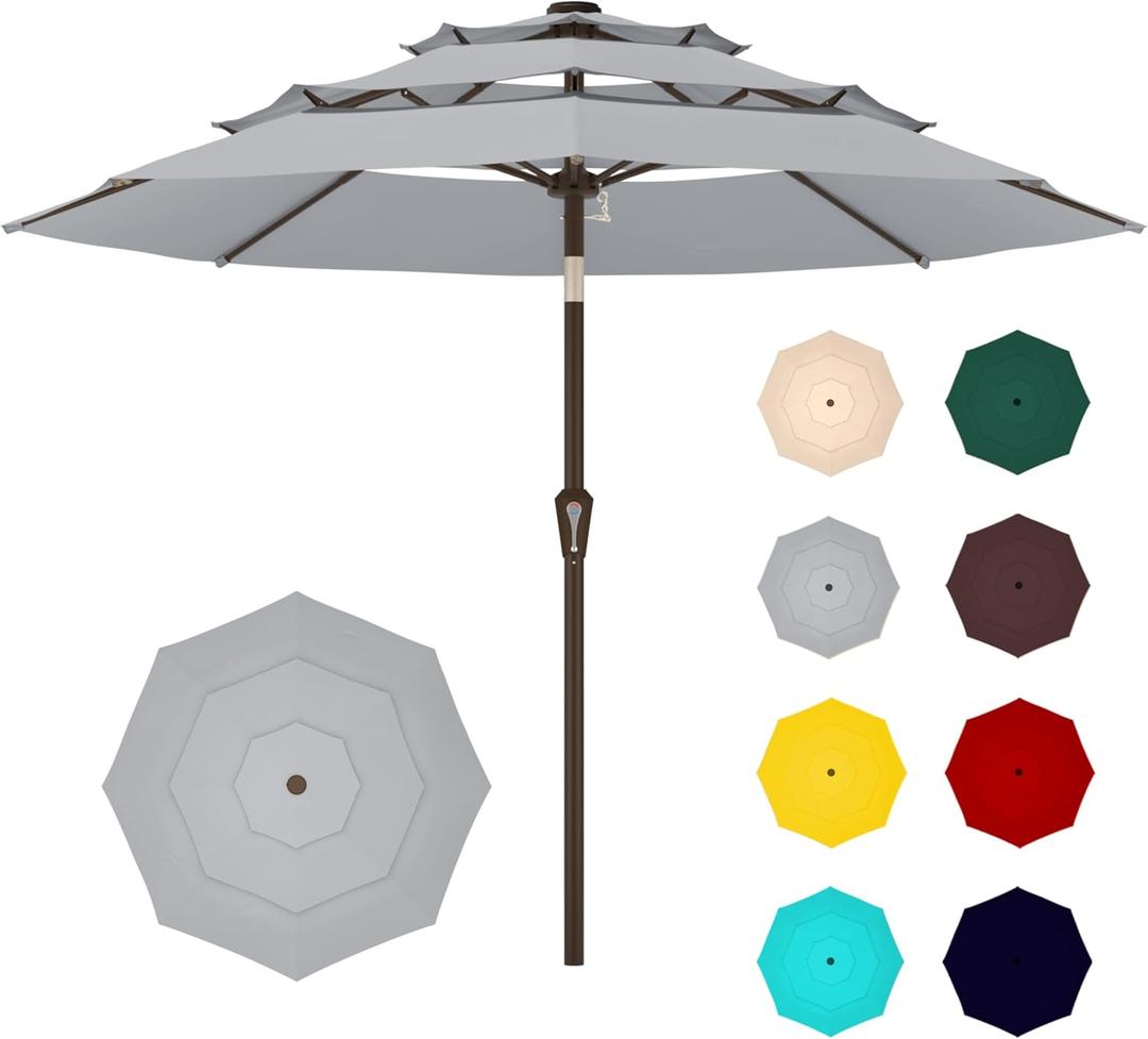 9FT 3-Tier Large Outdoor Patio Umbrella Market Table Umbrella-UV Resistant,Easy Push Button Tilt and Crank,8 Sturdy Fiberglass Ribs Heavy-Duty Pool Umbrella for Deck,Backyard,Garden,Yard,Light Gray