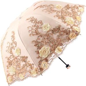 Honeystore Vintage Lace UV Sun Parasol Folding 3D Flower Embroidery Umbrella (19Yellow)