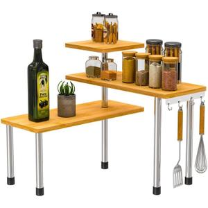 ZHWS Kitchen Countertop Organizer Spice Rack for Salt, Bathroom Counter Organizer Over Sink for Makeup, Skincare, Adjustable 3-Tier Corner Counter Shelf with 4 Hooks for Coffee Bar Dresser Table