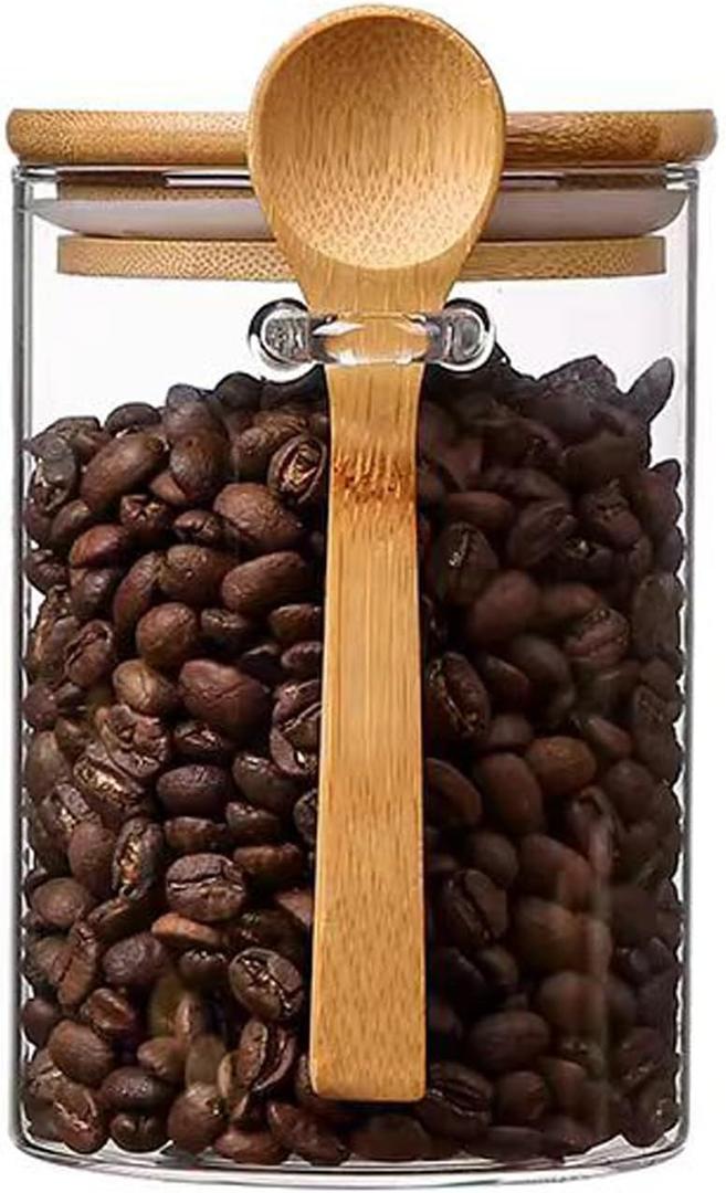 Airtight Glass Jars with Bamboo Lids & Spoons, 17.95 oz Borosilicate Overnight Oats Containers with Lids, Clear Food Storage Canister for Cookie, Candy, Coffee, Sugar, Matcha Tea, Flour, Pack of 1