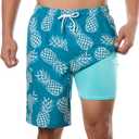 BRISIRA Mens Swim Trunks Bathing Suit 9 Inch Inseam Compression Liner Beach Long Board Shorts Swimsuit Anti-Chafe Quick Dry (42, Darkcyan Pineapple) 4XL