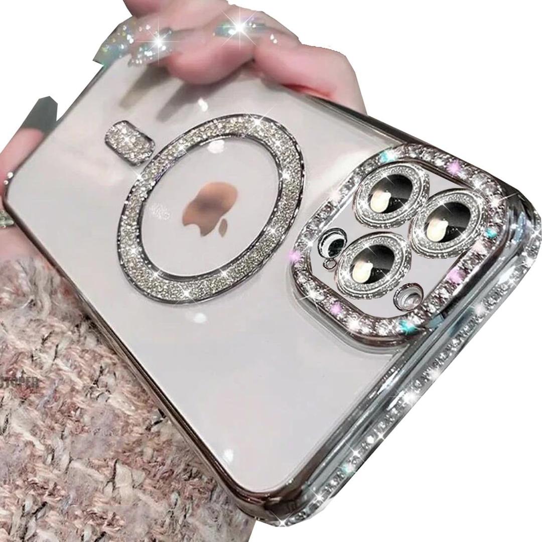 Changjia Magnetic Clear Glitter Case for iPhone 15 Pro Max[Compatible with MagSafe] Cute Luxury Bling Sparkly Diamond Rhinestone with Camera Lens Protector Women Girl Case for iPhone 15 Pro Max, Silver
