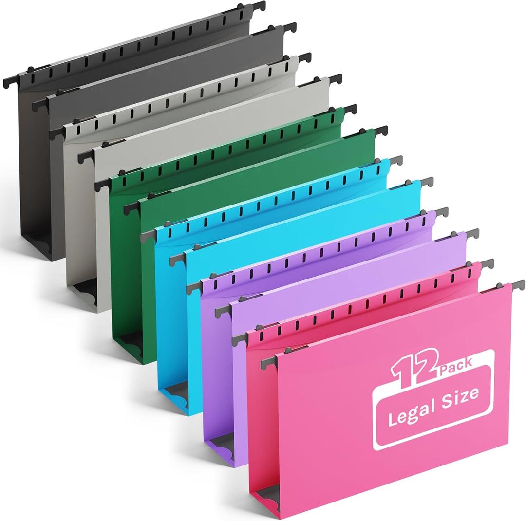 Ansook Legal Size Hanging File Folder Extra Capacity,Heavy Duty 2" Expandable Hang Folder with Tabs,12 Pack Reinforced File Cabinet Folders,Plastic Hanging File Organizer for File Frame Box