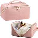 VERNASSA Large Capacity Travel Makeup Bag for Women, Waterproof Portable Cosmetic Bag with Compartments, Foldable Flat Lay Design for Easy Access, Perfect for Toiletries & Beauty Essentials (Pink)