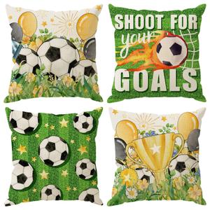ZAEW Soccer Grass Trophy Flowers World Cup Pillow Covers Throw Pillow Cases Set of 4 Decorations for Home Sofa Cushion Cover Game Day Soccer Party Holiday Decor 18x18 Inch