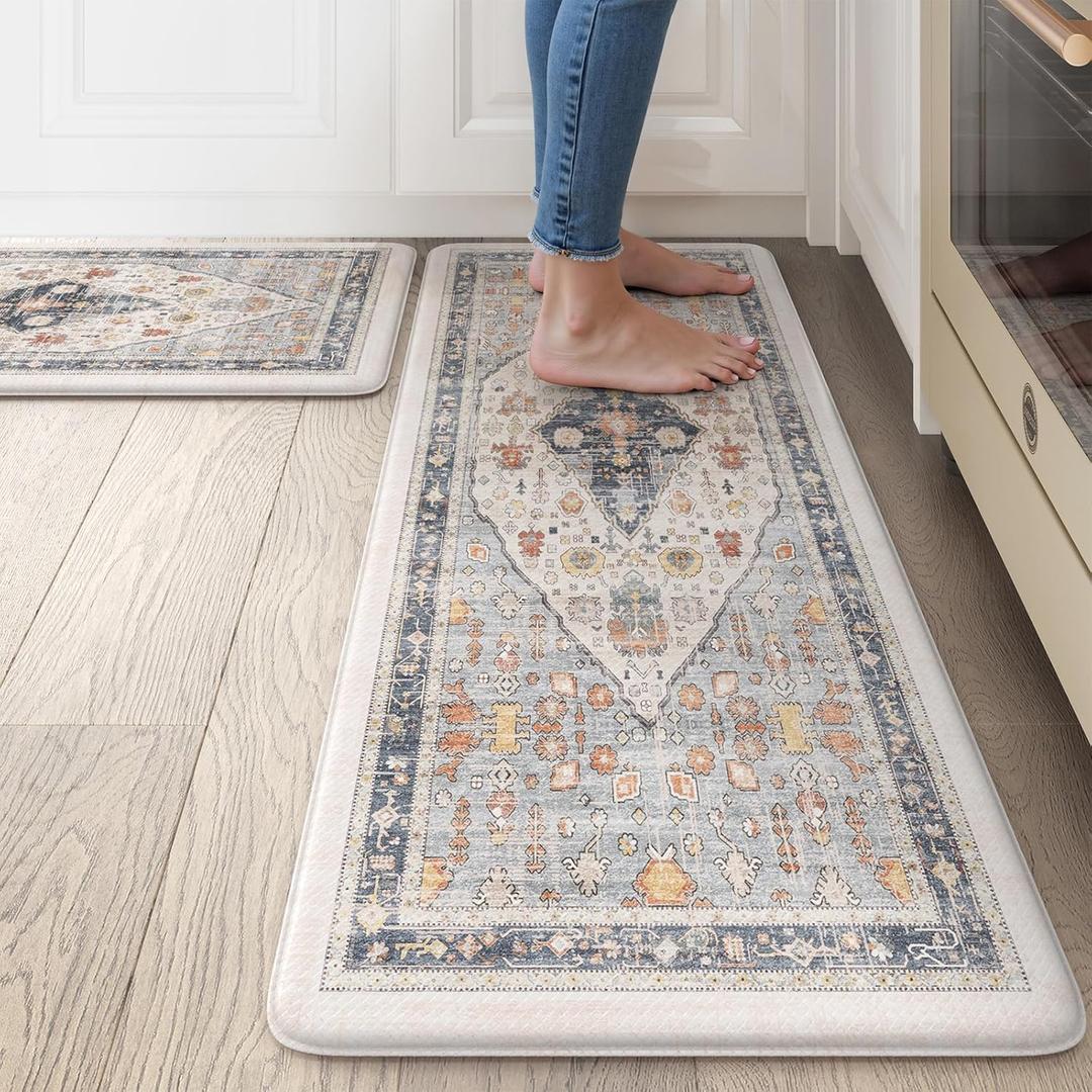 Collive Boho Kitchen Mats for Floor 2 PCS, Cushioned Anti Fatigue Kitchen Floor Mat Non-Skid Waterproof Sink Rug, Blue/Multi Comfort Standing Desk Mat for Office, Home, 17.3"x29"+17.3"x47"