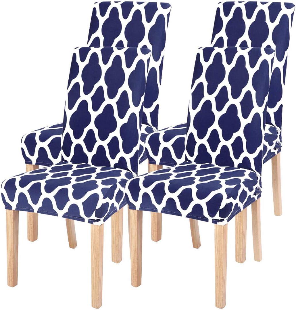 SearchI Dining Room Chair Covers Set of 4, Spandex Stretch Kitchen Chair Slipcovers Removable Washable Moroccan Geometric Parsons Chair Covers Protector for Dining Room, Hotel (Navy Blue)