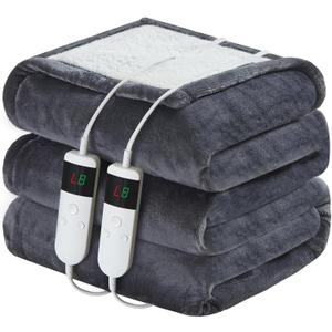 Electric Heated Blanket Queen Size 84''x90'' Soft Flannel & Sherpa Electric Blanket with 10 Heating Levels, Automatically Shut Down After 8h with Overheat Protection Machine Washable (Dark Grey)