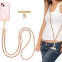 Crystal Phone Strap Crossbody Rhinestone Anti Theft Layered Strap Crossbody Gold Metal Buckles Cell Phone Neck for Women (Peach)