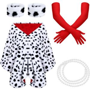 Tisancy 5 Pieces Halloween Dalmatian Shawl Set Women Faux Stole for Cosplay with 1920s Red Gloves Necklace Bracelet and Fake Stick Halloween Accessories for Adult