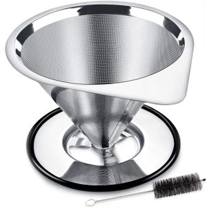 LHS Pour Over Coffee Dripper Stainless Steel Coffee Filter Metal Cone Filter Paperless Reusable Coffee Filter Single Cup Coffee Maker 1-2 Cup With Non-slip Cup Stand and Cleaning Brush