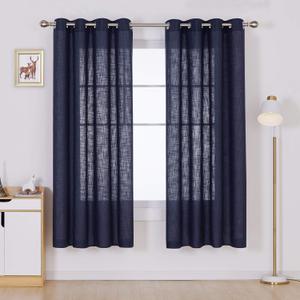 Deconovo Faux Linen Grommet Linen Look Panels Solid Window Curtains for Bedroom Semi Sheer Curtains Navy Blue 52x63 Inch 2 Panels