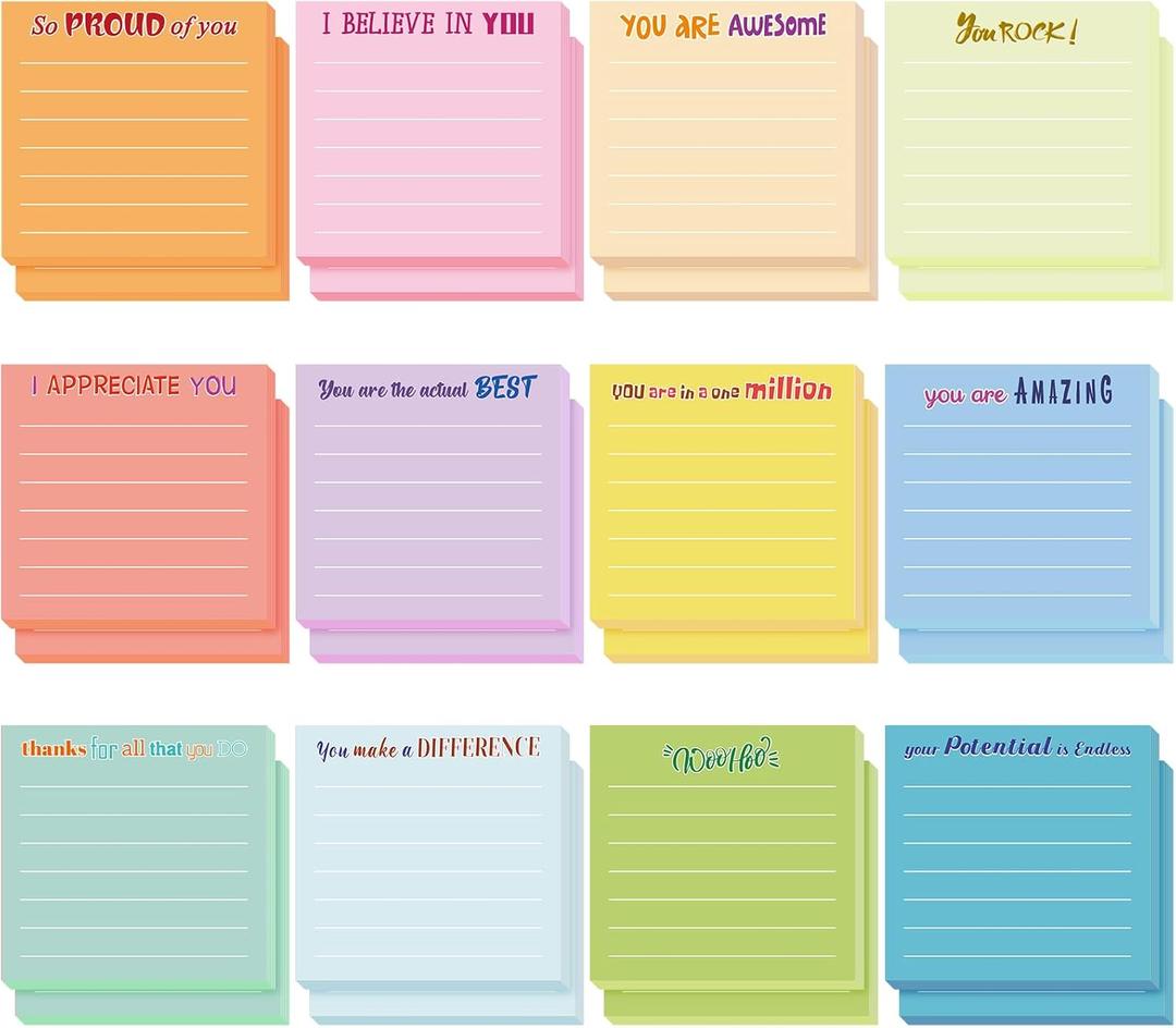 Yinder 24 Pcs Inspirational Sticky Notes with Lines Cute Motivational Sticky Notes Pad Employee Appreciation Gifts Bulk for Teacher Nurse Coworkers Office 3 x 3''(Light Color,Thankful)