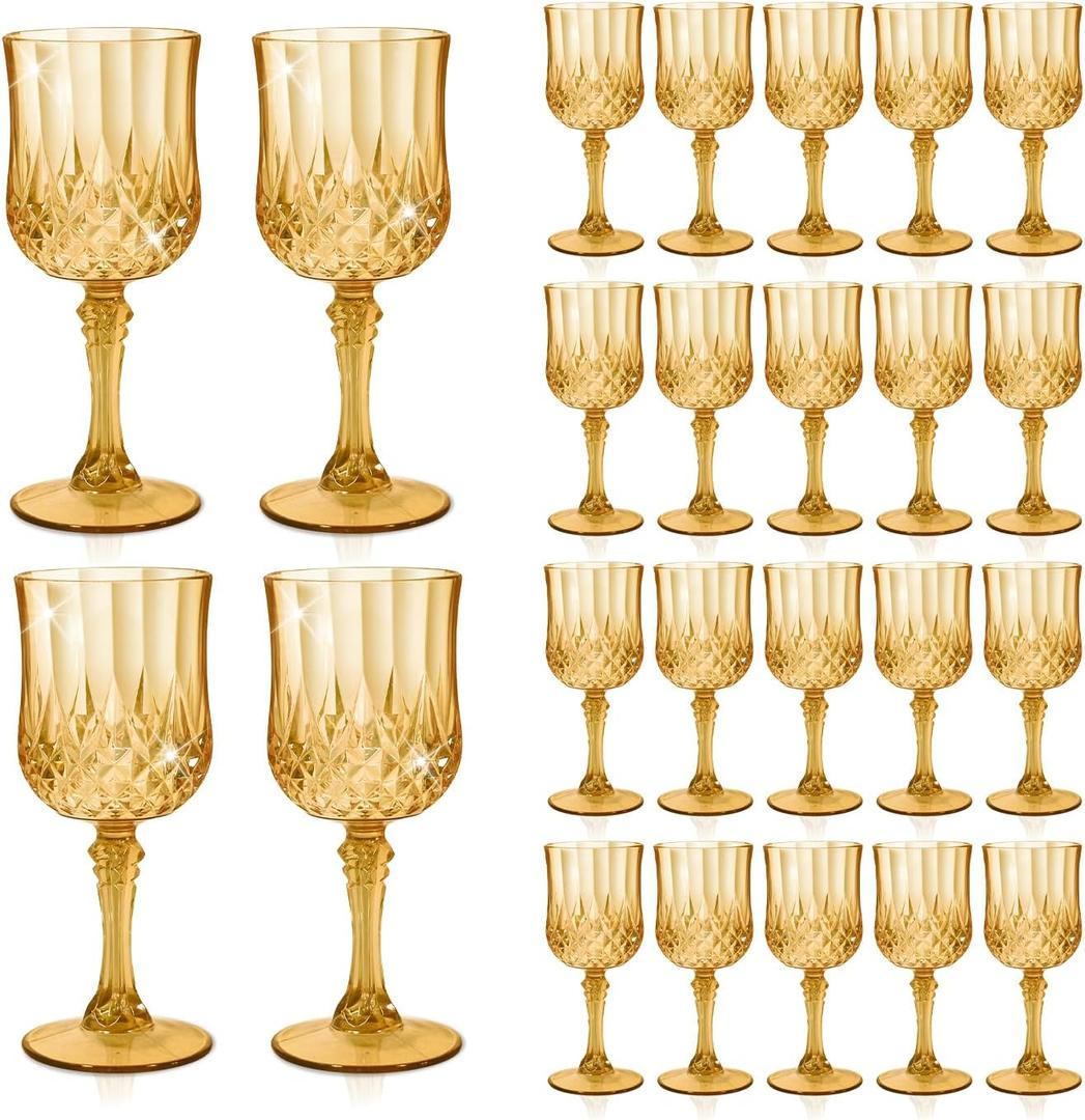 24 Pcs Plastic Amber Wine Drinking Glasses, Plastic Vintage Gold Champagne Vintage Wine Glasses, Unbreakable Goblets for Parties Wedding, Party, Red Wine Glass, Bars, Restaurants, 7Oz
