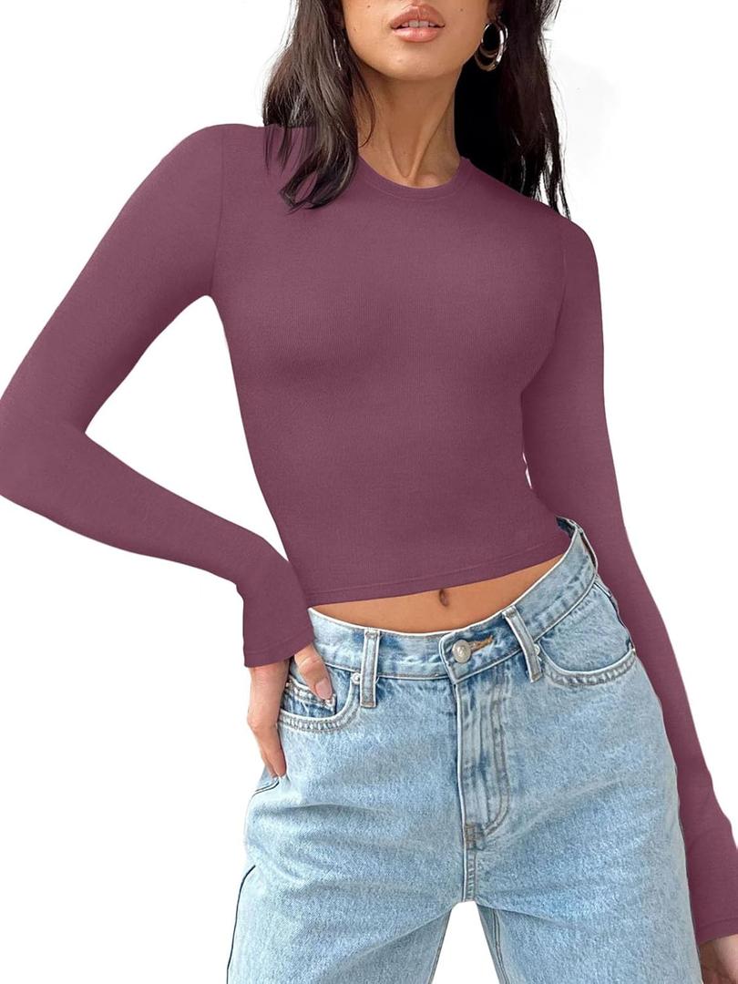 REORIA Womens Long Sleeve Crop Tops Fall Basic Ribbed Shirts Tees Layering Tight Slim Fitted Y2k Tops Plus Size Masala L
