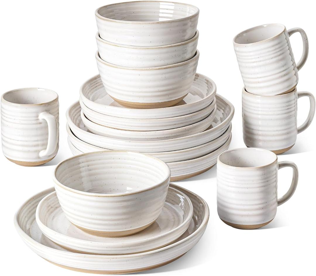 LE TAUCI Plates and Bowls Sets for 4, 16 Piece Stoneware Dinnerware Sets with Mugs, Ceramic Kitchen Dish Set, Chip Resistant, Microwave & Dishwasher Safe, Arctic White