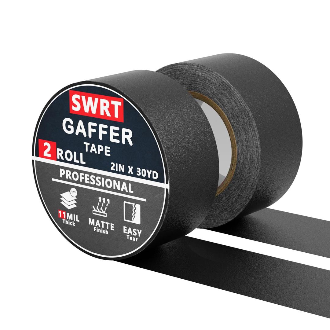 SWRT Gaffers Tape, 11 Mil Industrial Grade Gaffer Tape, 2 x 30 Yards, 2 Pack, Strong Adhesion, Easily Remove No Residue, Professional Matte Finish No Reflection, Black, 60 Yards in Total