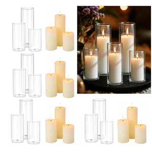 24 Pcs White Pillar Candles with Glass Candle Holder Hurricane Glass Candle Holders Clear Cylinder Vases for Centerpieces Wedding Office Party Home Table Decor