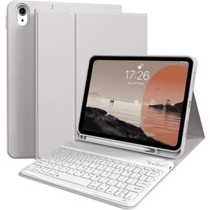 kenke for iPad 11/10th Gen Case with Keyboard 11/10.9 inch 2025 A16/2022, Detachable Wireless Bluetooth Keyboard Case Thin & Light with Built-in Left Side Pencil Holder, White Square Keycaps (Gray)