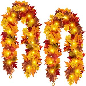 Fall Maple Leaf Garland with Yellow Lights, 2PCS Thanksgiving Artificial Hanging Fall Leave Vines with 20 LED, Yellow Fall Floral Garlands Halloween Autumn Decor for Home Wedding Party (11.8FT)
