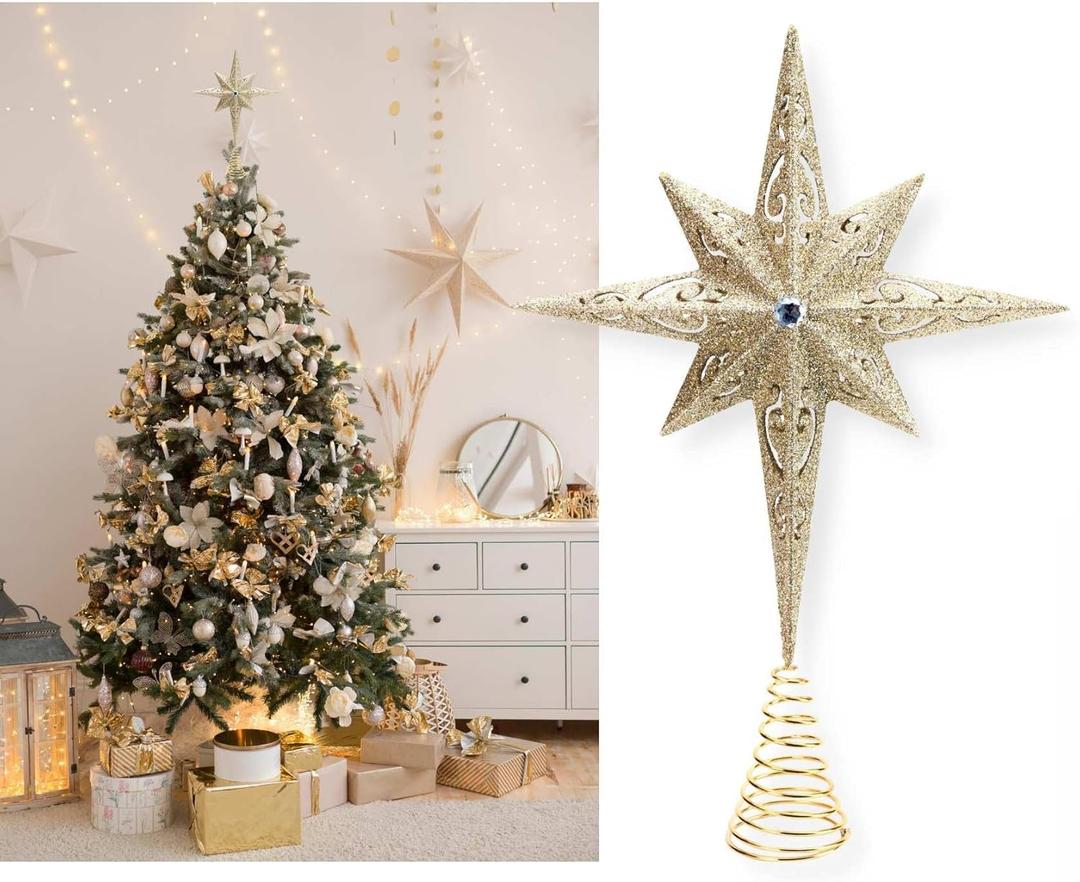 Christmas Traditions 11 inch Champagne Gold Glittered Large Christmas Bethlehem Star Tree Topper Star for Large Tree 6 feet-8 feet Tall/Home Decor Ornaments (Champagne Gold)