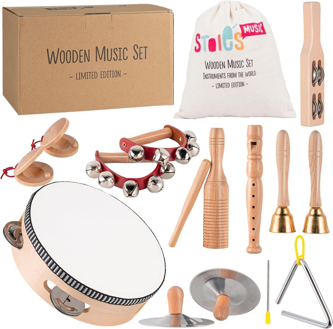 Stoie's Wooden Toddler Musical Instruments with Drum, Flute, Hand Bells, Cymbals, Castanets, Triangle, for Babies and Toddlers, Eco Friendly Montessori Educational Toy