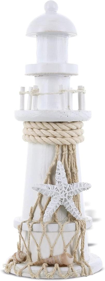 Puzzled COTA Global Small White Wooden Lighthouse Decor - Handmade Wooden Lighthouse Beach Decorations for Home with Decorative Starfish Decor - 8.75 Inches