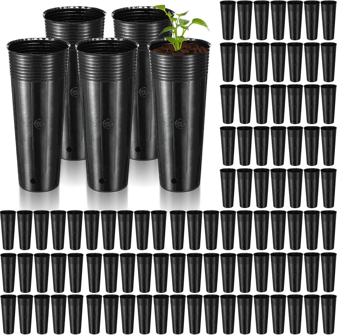 100 Pack Tall Tree Pot 11.8'' x 4.7'', Black Plastic Deep Nursery Pots, Soft Deep Seedling Pots for Seed Starting, Plant Starter Cups with Drainage Holes for Flowers, Cutting & Transplanting
