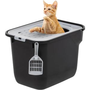 IRIS USA Cat Litter Box, Top Entry with Scoop, Large Cat Enclosure, Kitty Box, with Litter Catching Lid, Black/Gray