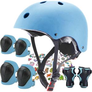 FOOKCIAN Kids Helmet,Toddler Skateboard Helmets for Boys Girls with Knee and Elbow Pads Wrist Guards fit Roller Skates,Skateboarding,Skating Scooter Adjustable Kids Helmet (Light blue, Size: Small:18.9''-21.3'' / 3-8 year)
