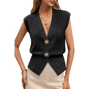 Saodimallsu Womens Sleeveless Sweater Vest V Neck Button Ribbed Knit Front Split Summer Pullover Tops (Black)