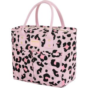 Lunch Bag Insulated,Adults Lunch Box with Pockets waterproof,Large Lunch Cooler for Office Hiking,Pink Leopard Print
