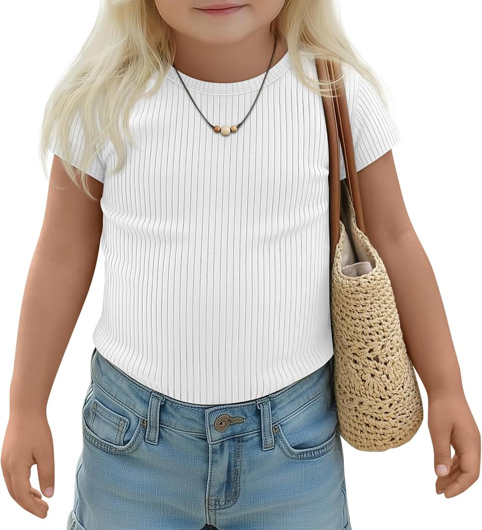 Halfchet Toddler Girls' Short Sleeve Shirts | Ribbed, Cotton, Crew Neck, Fitted, Tops, Summer, Casual, Basic, Tees, Back to School, Vacation, Outfit, for Babies 18M-5T