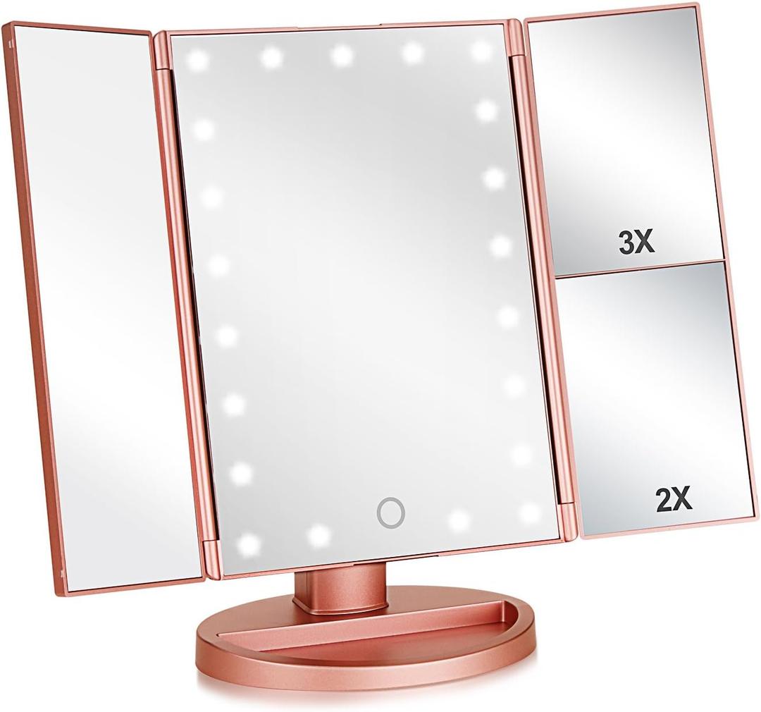 Flymiro Tri-fold Lighted Vanity Makeup Mirror with 3x/2x Magnification,21 LEDs Light and Touch Screen,180 Degree Free Rotation Countertop Cosmetic Mirror,Travel (Rose Gold)