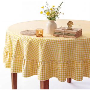 Moukeren 1 Pieces Checkered Tablecloth with Ruffle 70 Inch Round Hem Farmhouse Table Cover for Kitchen, Wedding, Party, Indoor Outdoor Picnic and Daily Decor, Cotton Fabric