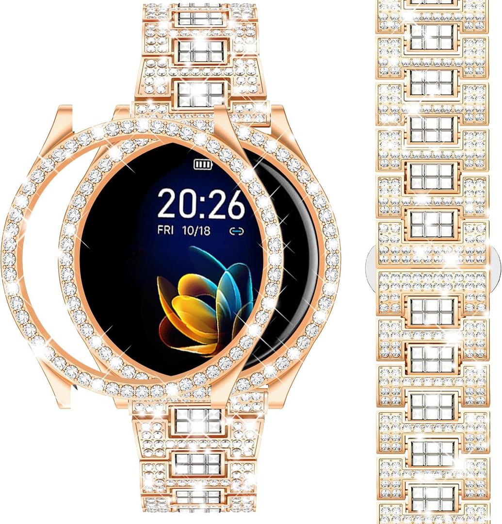 Dsytom Stylish Bands Compatible with Samsung Galaxy Watch 7/6 40mm 44mm, 20mm Bling Metal Replacement Galaxy Watch 7/6 Band 40mm 44mm with Rhinestone Protective Case for Women (Rose Gold)