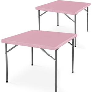 LUSHVIDA 2 Packs Vinyl Card Tablecloth with Flannel Backing 48x48 inch - Waterproof Plastic Picnic Table Cover for Square Folding Table Cloth with Elastic Corners, Pink