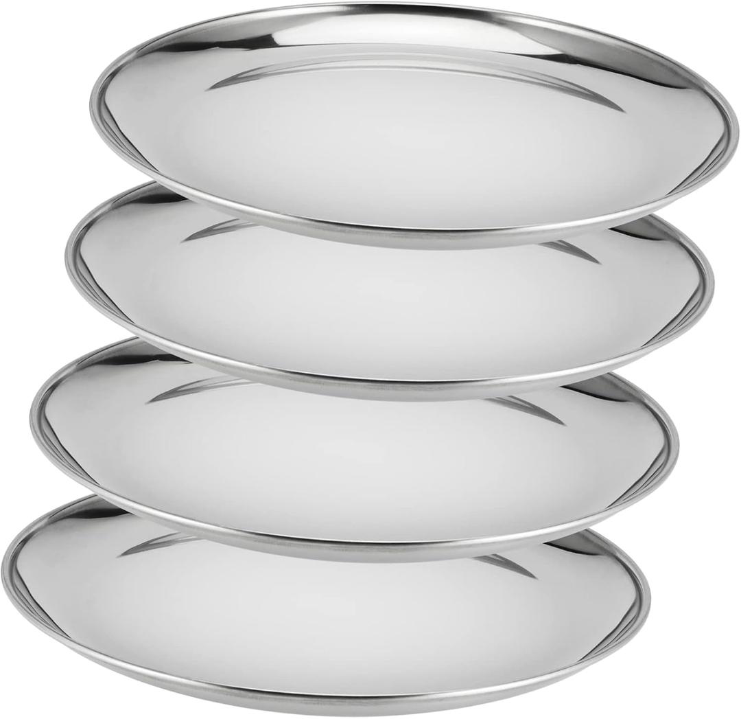 4 PCS 10 Inch Stainless Steel Plates, Round Metal Dinner Plate, Stainless Steel Dinner Dishes for Parting, Outdoor Camping, Salad, Fruit, Silver