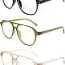 MMOWW 3 Pack Oversized Aviator Reading Glasses for Women Men Stylish Double Bridge Pilot Style Blue Light Blocking Readers, Black/Light Green/Champagne +1.0