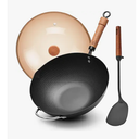 WANGYUANJI Carbon Steel Wok with Lid, 12.6" Hammered Stir Fry Pan with Helper Handle & Iron Spatula, Thickened Heavy Duty Flat Bottom Wok for Induction, Electric & Gas Stoves, Metal Utensil Safe